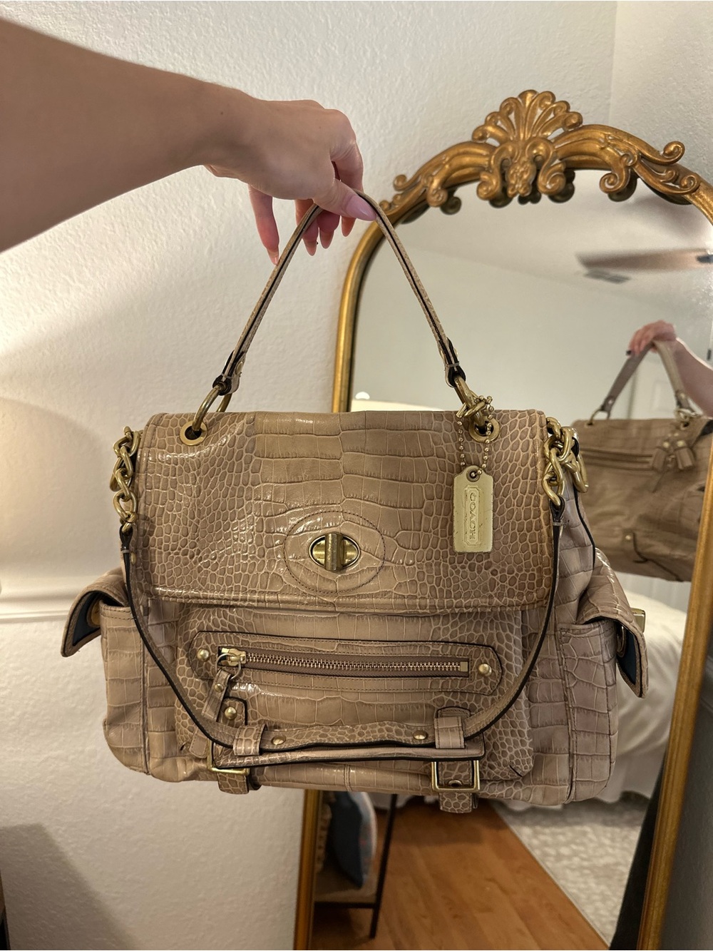 Coach Taupe Croc-Embossed Leather Hobo with Gold Hardware